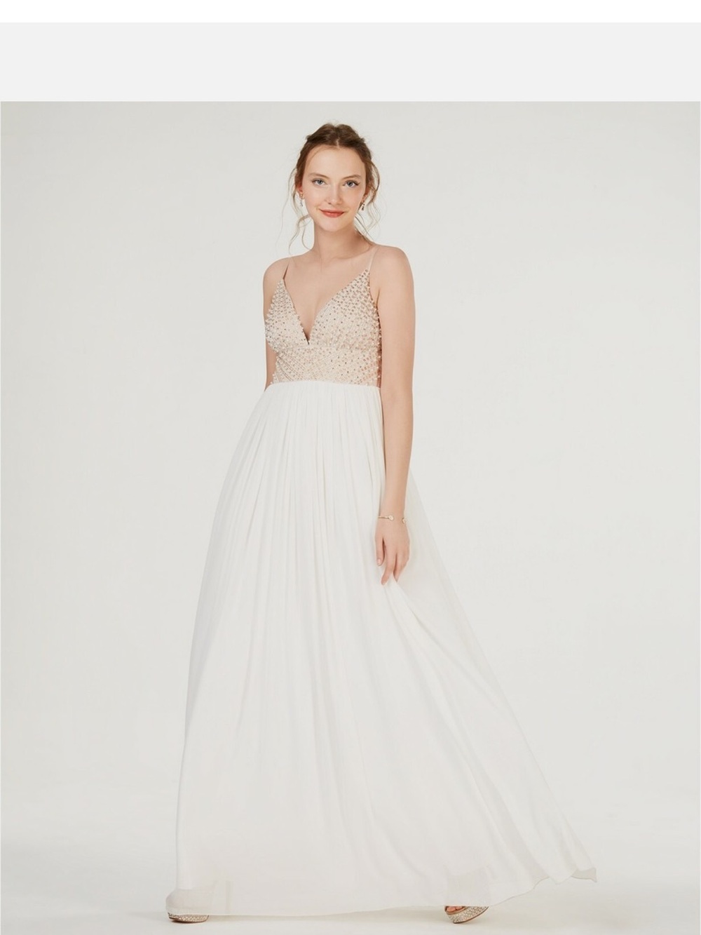 Beaded V-Neck Prom Gown in Champagne and Ivory